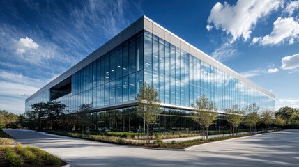 Obraz premium A sleek corporate office building with a reflective glass exterior