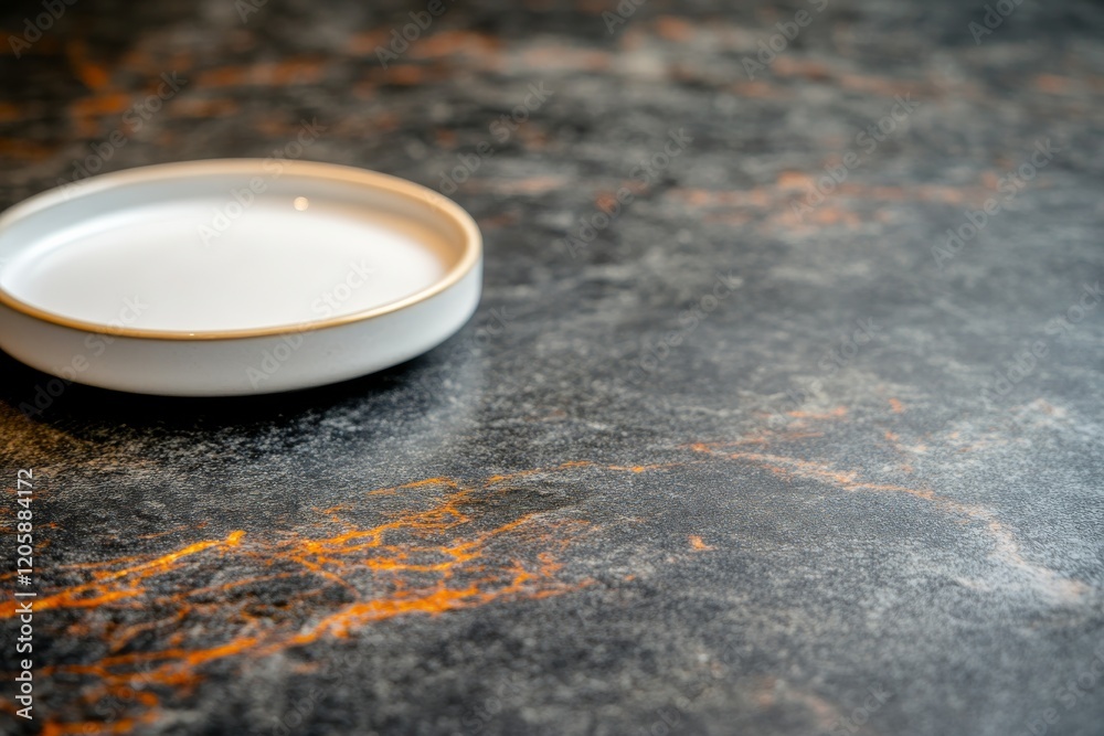 Poster a glossy white plate rests elegantly on a luxurious black marble table with gold veining, showcasing