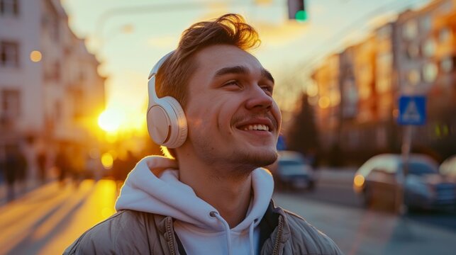 Young man wearing headphones enjoying music on the street. Ideal for promoting audio equipment, music apps or advertising urban lifestyle.