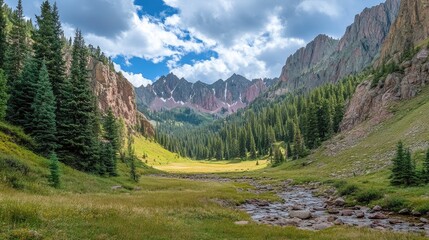 Obraz premium Majestic Mountain Valley Scenic Landscape With Creek