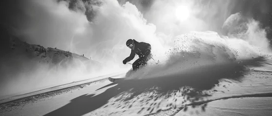 Fototapete Black and white image of a skier going down a slope in a cloud of snow. Ideal for sports articles, advertising winter holidays and extreme sports. © COK House