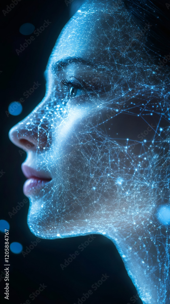 Aufkleber woman's profile illuminated by glowing digital lines, representing cutting-edge artificial intellige
