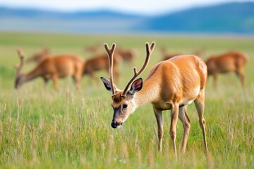 Naklejka premium A group of deer leisurely grazes in a vibrant open field, their brown coats blending seamlessly with the grassy landscape as they enjoy the serene environment.