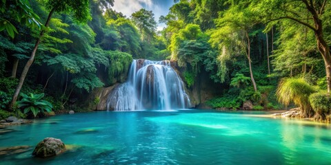 Waterfall cascades into a turquoise pool surrounded by lush greenery and tropical foliage in a dense forest atmosphere