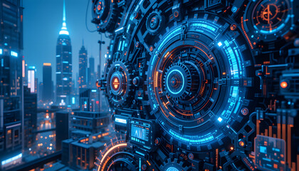 Obraz premium Cyberpunk cityscape control panel