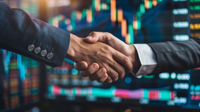 Handshake against stock charts, a great addition for articles about business and financial success.