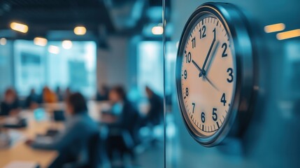 Large clock displaying nearly half past two hangs on a glass wall in a bustling office meeting room, where employees are focused on their tasks and collaborating on projects