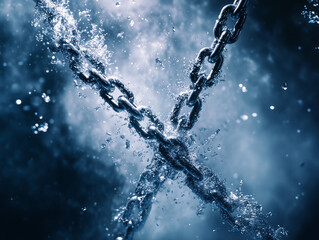Obraz premium Breaking metal chains underwater with splashing effects