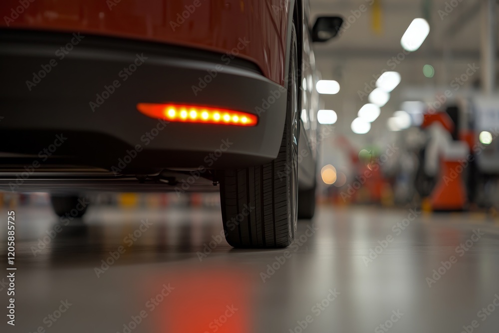 Poster electric vehicle moves along an assembly line, highlighting advanced robotics and welding technology