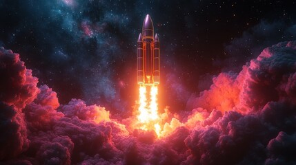 Neon-colored rocket icon launching into a starry sky, [3D icon], [space exploration and startup energy]. , clip art,isolated on white background