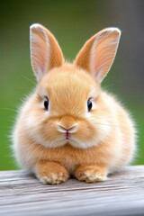 Obraz premium A small rabbit with light brown fur is peacefully resting on a wooden table. The surrounding gray and white accents create a calm atmosphere, highlighting the rabbits soft features.