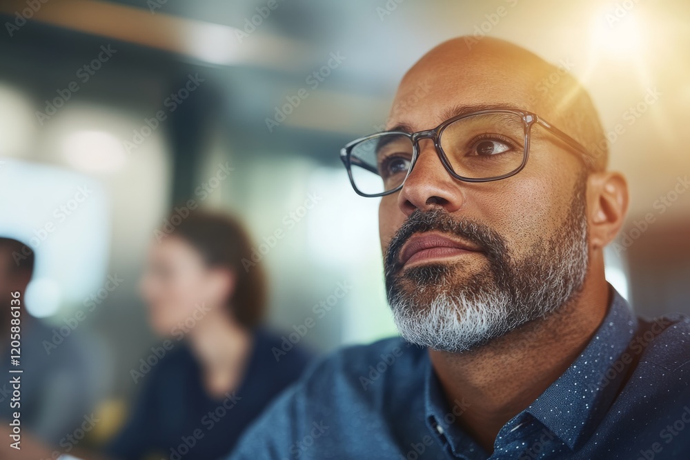 Poster group of professionals attentively listening to a speaker in a conference room, with a focus on one 