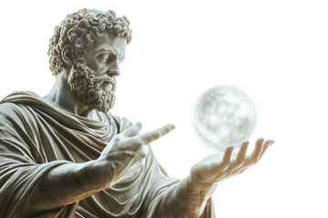 Obraz premium Ancient Greek statue holding glowing sphere, symbolizing knowledge and power