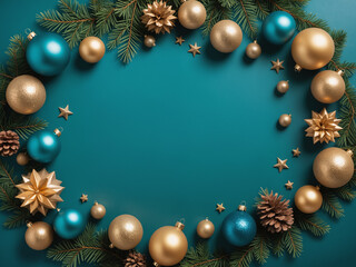 Christmas ornaments and pine branches creating a festive frame on teal background