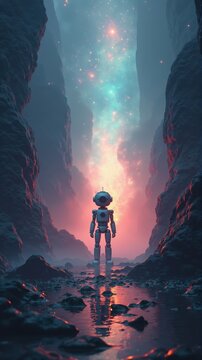 Robot exploring alien planet canyon with colorful nebula above