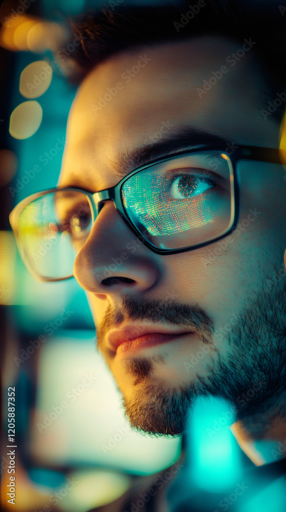 Poster Programmer focusing on coding, screen reflection illuminating glasses in dimly lit workspace