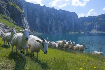 Sheep grazing peacefully by a serene mountain lake surrounded by towering cliffs on a sunny day