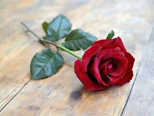 Single red rose on wooden table symbolizing love and romance for Valentine's Day, vintage-style photography with ample copy space for text, perfect for romantic greetings and cards.