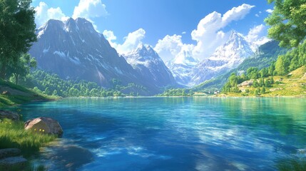 Fototapeta premium Serene Mountain Lake And Majestic Snowy Peaks