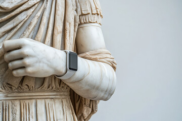 Greek statue holding modern smartwatch, blending ancient and contemporary styles