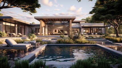 Modern House with Pool and Lush Landscaping