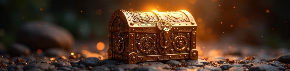 Ornate metal chest radiating a warm golden light, mystical, metal