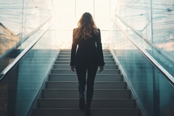 businesswoman climbs up stairs to success. Career ladder or lift for females in professional occupation. achievement, progress, step in new life for ladies