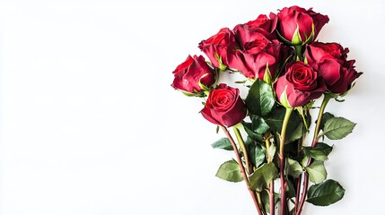 Fototapeta premium Bouquet of red roses on white background, perfect for Valentine's Day concept, with ample copy space for text and web design elements, ideal for romantic and elegant themes.