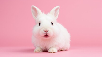 Obraz premium White fluffy bunny posing on a pink background