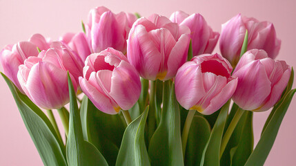 Naklejka premium Vibrant pink tulips in a bouquet, elegantly displayed on a pale pink background, perfect for spring celebrations.
