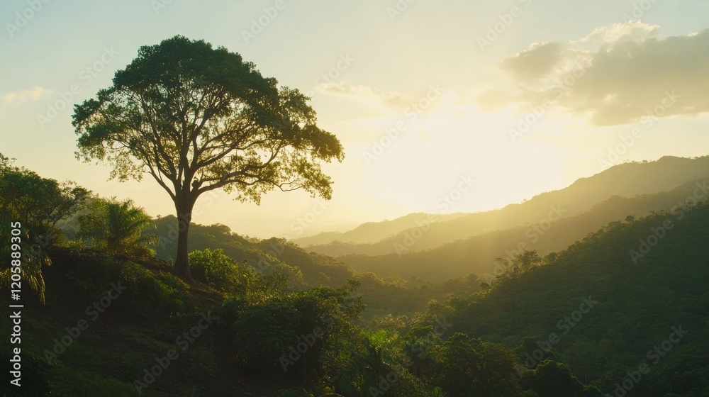 Aufkleber a solitary tree stands tall in the heart of a dense jungle, surrounded by vibrant greenery and bathe