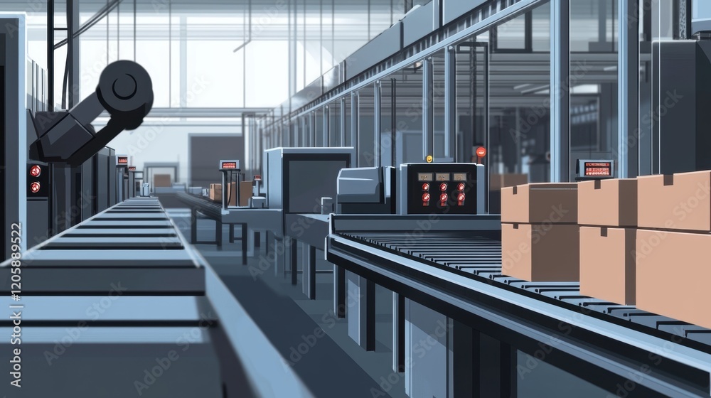 Poster modern factory using robotic arms and automated assembly line transporting cardboard boxes, showcasi