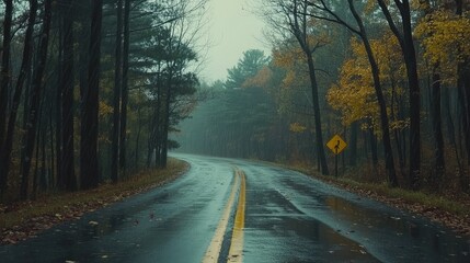 Fototapeta premium Rainy Road Winding Through Autumn Woods