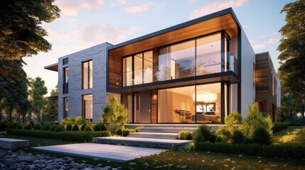 Fototapeta premium Modern Two Story House With Wood And Stone Exterior