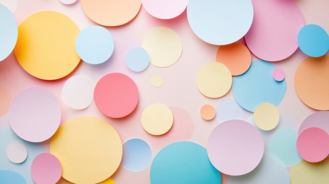 paper cut circles in different sizes and colors backround. round confetti backdrop for birthday, party or fun event.