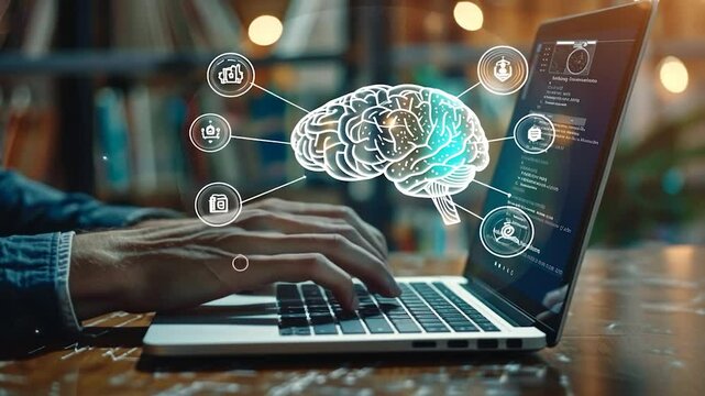 Innovative digital brain concept, technology and AI development in slow motion video animation