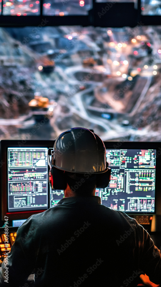 Poster Mining supervisor wearing safety helmet and headphones using computers and digital screens to control and monitor operations in open pit mine