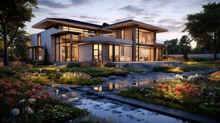Fototapeta premium Modern Luxury Home with Serene Water Feature Landscape