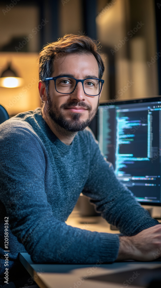Poster Computer programmer working late into the night, focused on developing innovative software solutions in a bustling office environment
