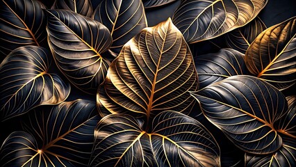 Dark elegant leaves, intricate gold veins, black and gold botanical pattern, luxurious foliage texture, dramatic lighting background