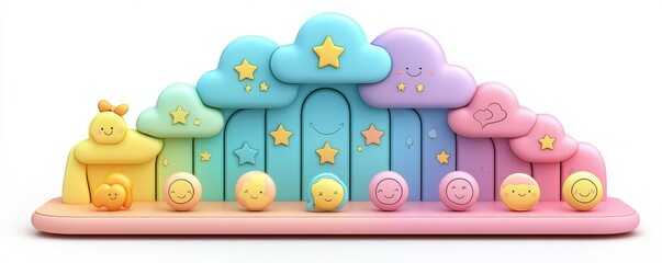 Fototapeta premium A colorful toy scene featuring playful clouds, stars, and smiling characters, creating a whimsical and cheerful atmosphere perfect for children's imagination.