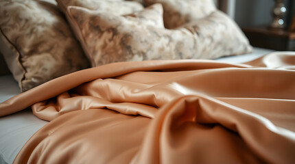 Luxurious Peach Silk Sheets: Experience Unparalleled Comfort and Elegance in Your Bedroom. Indulge in the soft, smooth texture and create a serene sleep sanctuary.