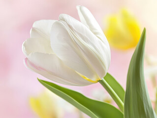 Naklejka premium clean, crisp white tulip petal in sharp focus, showcasing its delicate beauty and vibrant green leaves