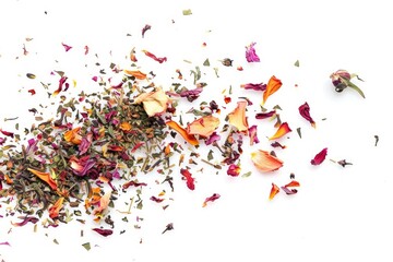 A colorful mix of dried herbs and flower petals on a white background showcases their vibrant hues and textures, ideal for decoration or culinary use