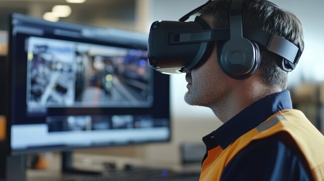 Industrial automation engineer wearing a virtual reality headset is analyzing factory processes, optimizing workflows and improving efficiency in a modern manufacturing facility