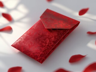 A red envelope with a red flower design sits on a white background