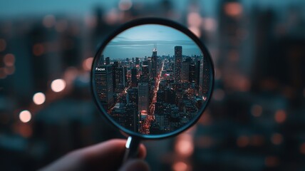 a magnifying on word of business concept. A cityscape viewed through a magnifying glass, showcasing illuminated buildings at dusk.