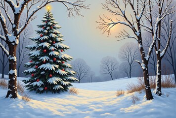 Fototapeta premium Snow-Covered Christmas Tree in Winter Landscape