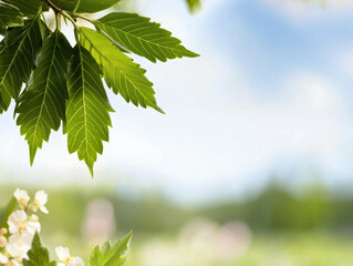 Fototapeta premium Fresh green leaves in sharp focus against blurred background, evoking tranquility and nature beauty