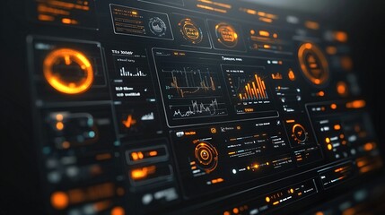 Futuristic control panel displaying data analytics in dark room